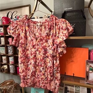 Nine Britton Pink Floral Blouse with Ruffle Sleeves